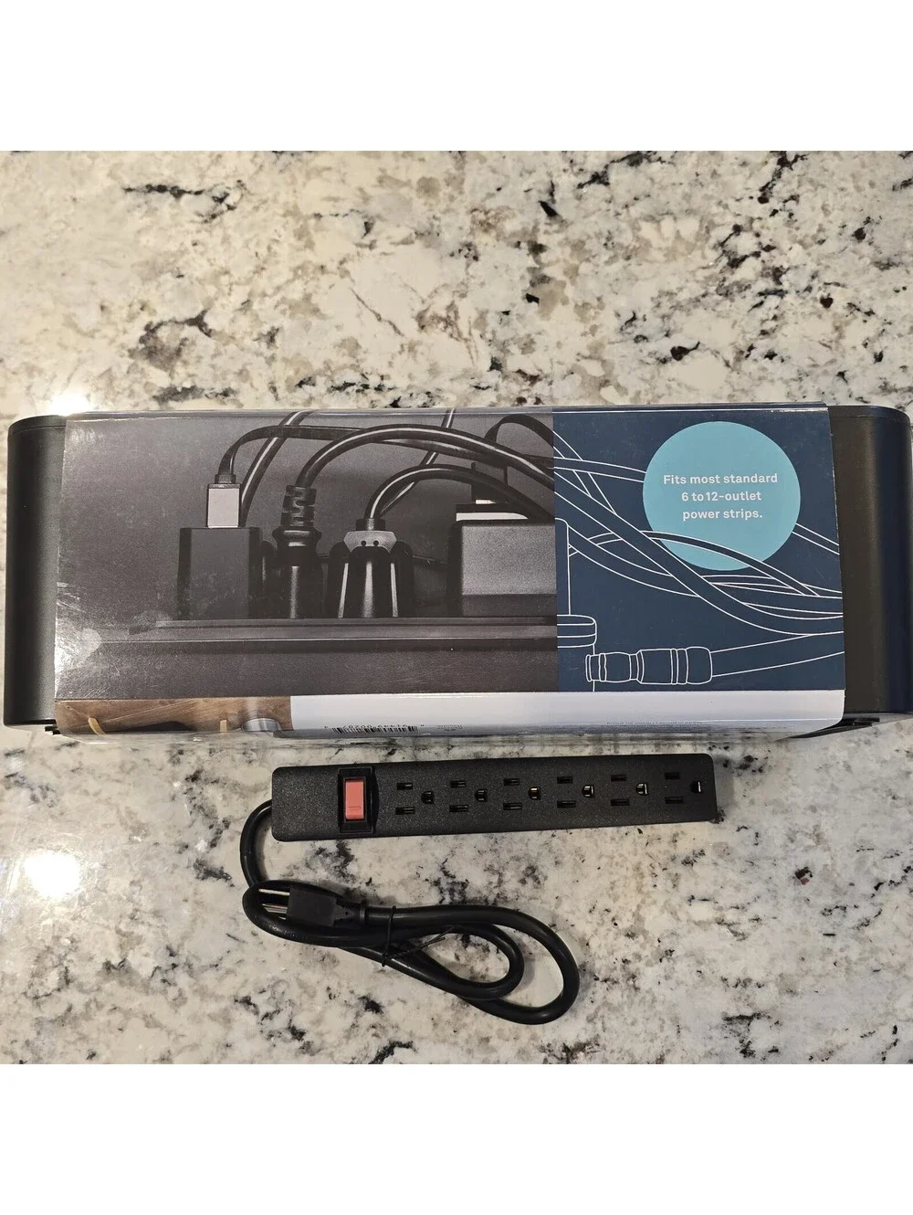 UT Wire Cable Management Box in Black with 6-Outlet Power Strip, New